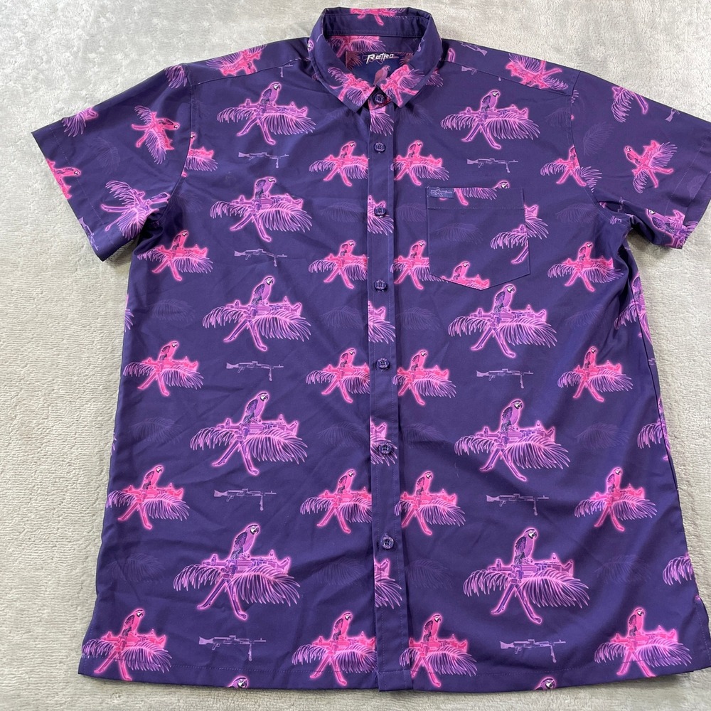 Retro Rifle Shirt Saws Macaws Mens XL Purple Neon Pink Tactical Hawaiian Stretch